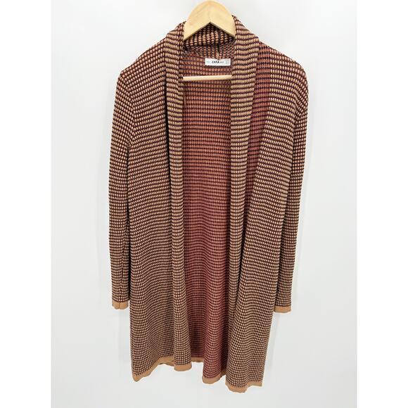 Zara Sweater Women XL Tan Black Red Long Sleeve Open Front Knit Cardigan - Picture 1 of 10
